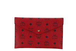 MCM RED VISETOS LEATHER ENVELOPE CLUTCH GOLD HARDWARE WITH BOX