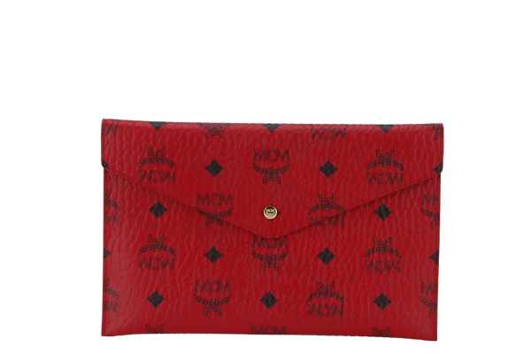 MCM RED VISETOS LEATHER ENVELOPE CLUTCH GOLD HARDWARE WITH BOX