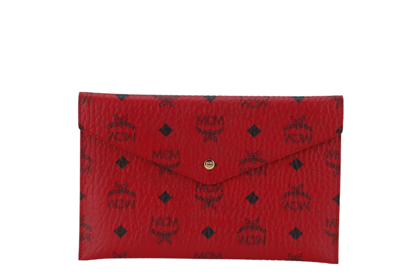 MCM RED VISETOS LEATHER ENVELOPE CLUTCH GOLD HARDWARE WITH BOX