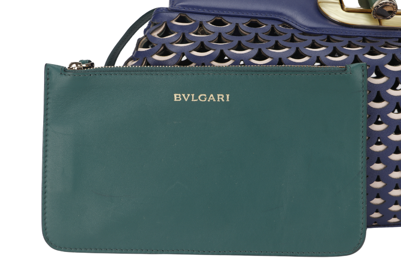 BVLGARI ISABELLA ROSSELLINI DIVA MONOGRAM BLUE &amp; WHITE LEATHER GOLD HARDWARE 19549865 WITH STRAP