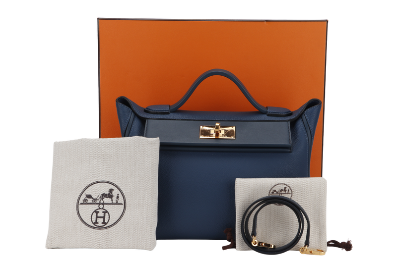 HERMES 24-24 29CM DEEP BLUE TAURILLON MAURICE VEAU SWIFT LEATHER GOLD HARDWARE STAMP Z (2021)  WITH STRAP, DUST COVER AND BOX