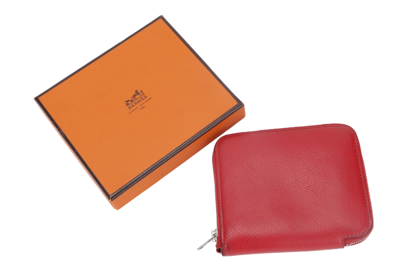 HERMES AZAP COMPACT SILK'IN COIN CASE RED EPSOM LEATHER PALLADIUM HARDWARE STAMP T (2015) WITH BOX