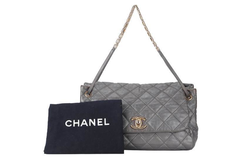 CHANEL RETRO CHAIN ACCORDIAN FLAP LARGE GREY LAMBSKIN LEATHER GOLD HARDWARE (1446xxxx) WITH DUST COVER