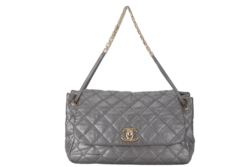 CHANEL RETRO CHAIN ACCORDIAN FLAP LARGE GREY LAMBSKIN LEATHER GOLD HARDWARE (1446xxxx) WITH DUST COVER