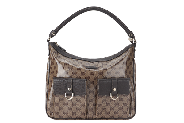 GUCCI (203581 201990) GG MEDIUM BROWN CRYSTAL LEATHER HOBO BAG GOLD HARDWARE WITH DUST COVER