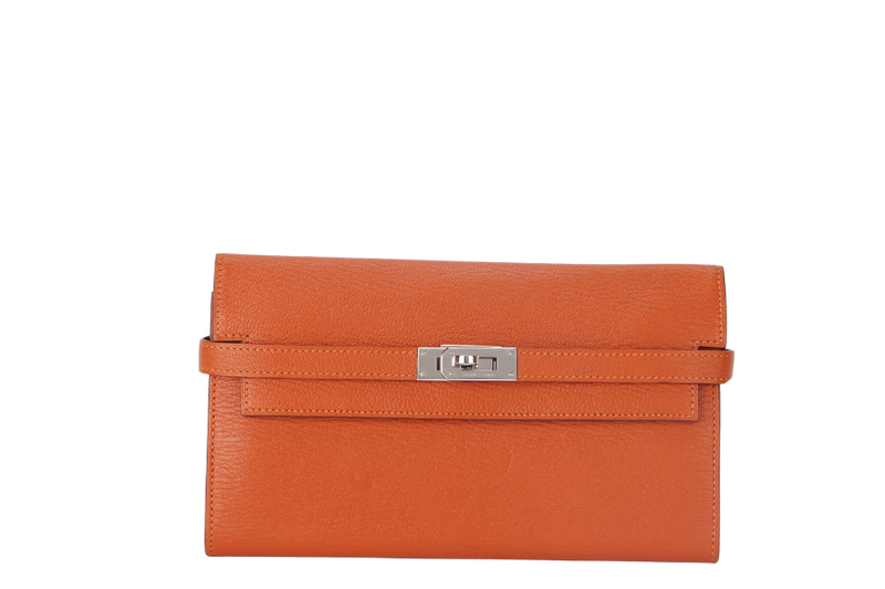 HERMES KELLY WALLET FEU CHEVRE LEATHER PALLADIUM HARDWARE STAMP T (2015) WITH DUST COVER