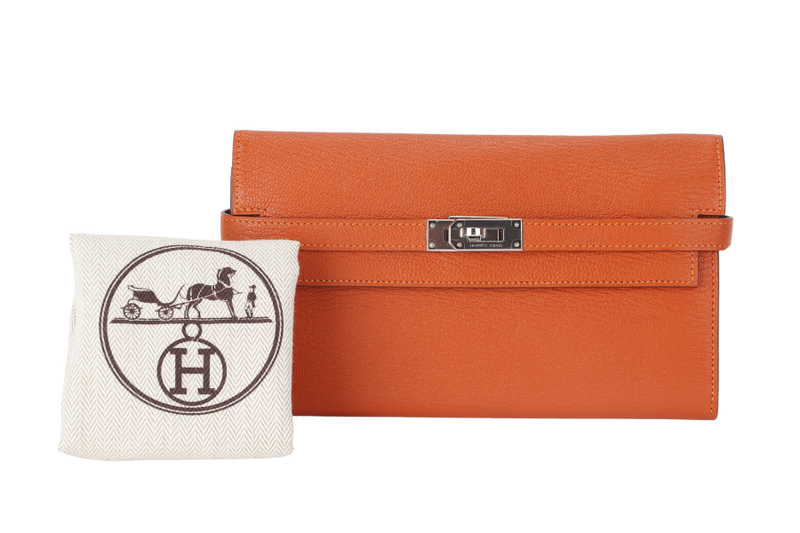 HERMES KELLY WALLET FEU CHEVRE LEATHER PALLADIUM HARDWARE STAMP T (2015) WITH DUST COVER