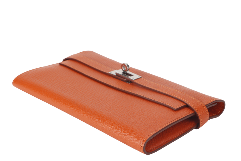 HERMES KELLY WALLET FEU CHEVRE LEATHER PALLADIUM HARDWARE STAMP T (2015) WITH DUST COVER