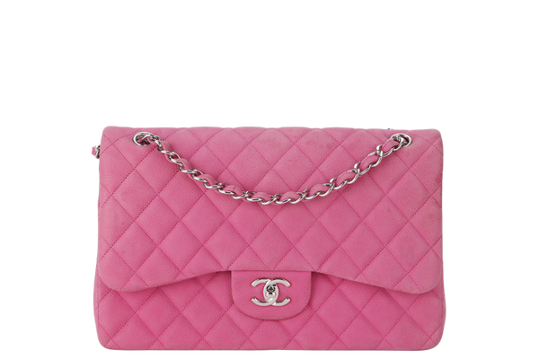 CHANEL CLASSIC DOUBLE FLAP BAG JUMBO FUSCHIA SUEDE CAVIAR SILVER HARDWARE (1803xxxx) NO DUST COVER