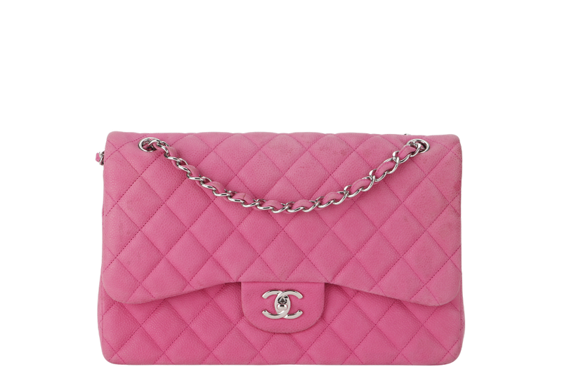 CHANEL CLASSIC DOUBLE FLAP BAG JUMBO FUSCHIA SUEDE CAVIAR SILVER HARDWARE (1803xxxx) NO DUST COVER