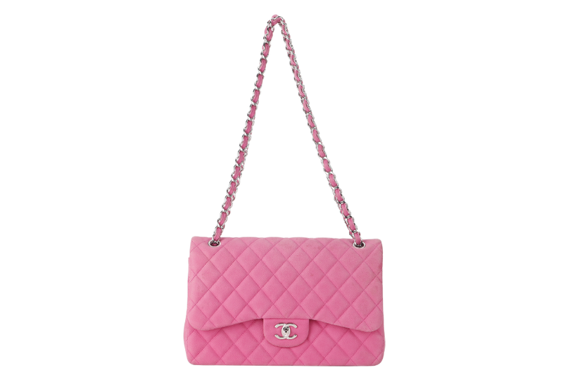 CHANEL CLASSIC DOUBLE FLAP BAG JUMBO FUSCHIA SUEDE CAVIAR SILVER HARDWARE (1803xxxx) NO DUST COVER