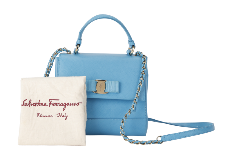 SALVATORE FERRAGAMO CARRIE VARA (EZ.21 F570) BLUE LEATHER 2WAY BAG GOLD HARDWARE WITH DUST COVER