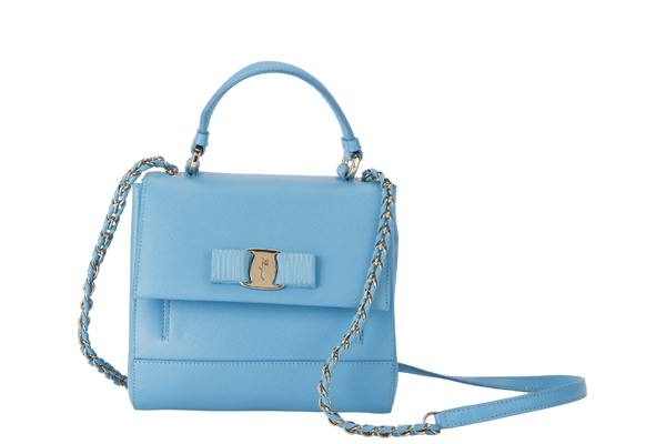 SALVATORE FERRAGAMO CARRIE VARA (EZ.21 F570) BLUE LEATHER 2WAY BAG GOLD HARDWARE WITH DUST COVER