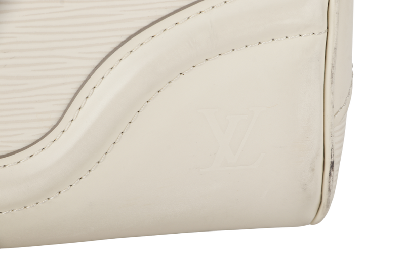 LOUIS VUITTON BOWLING MONTAIGNE PM (M6932J) WHITE EPI LEATHER SILVER HARDWARE WITH DUST COVER