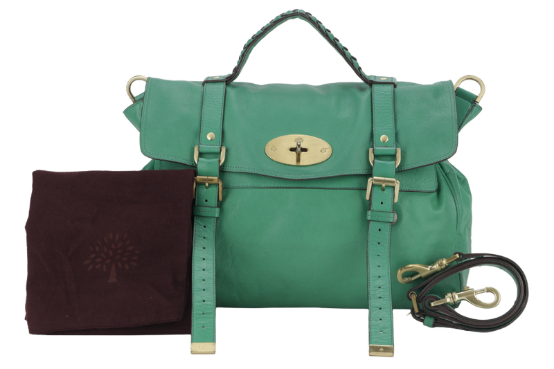 mulberry alexa 2 way shoulder bag large green leather gold hardware 5167571 with long strap and dust cover