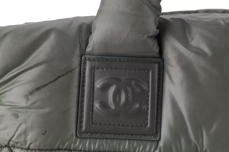 CHANEL COCO COCOON QUILTED PUFFER TOTE BAG LARGE GREEN NYLON QUILTED SILVER HARDWARE (1365xxxx) WITH CARD AND DUST COVER