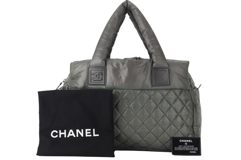 CHANEL COCO COCOON QUILTED PUFFER TOTE BAG LARGE GREEN NYLON QUILTED SILVER HARDWARE 1365xxxx WITH CARD AND DUST COVER