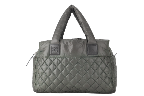 CHANEL COCO COCOON QUILTED PUFFER TOTE BAG LARGE GREEN NYLON QUILTED SILVER HARDWARE (1365xxxx) WITH CARD AND DUST COVER