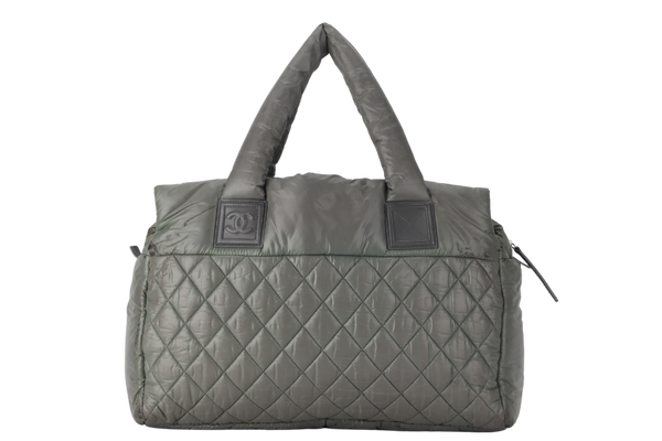 CHANEL COCO COCOON QUILTED PUFFER TOTE BAG LARGE GREEN NYLON QUILTED SILVER HARDWARE (1365xxxx) WITH CARD AND DUST COVER