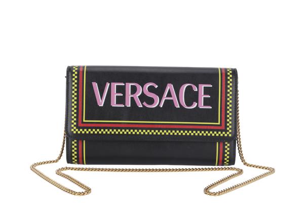 VERSACE VINTAGE BLACK LEATHER WALLET ON CHAIN GOLD HARDWARE (CLG553802474635) WITH STRAP