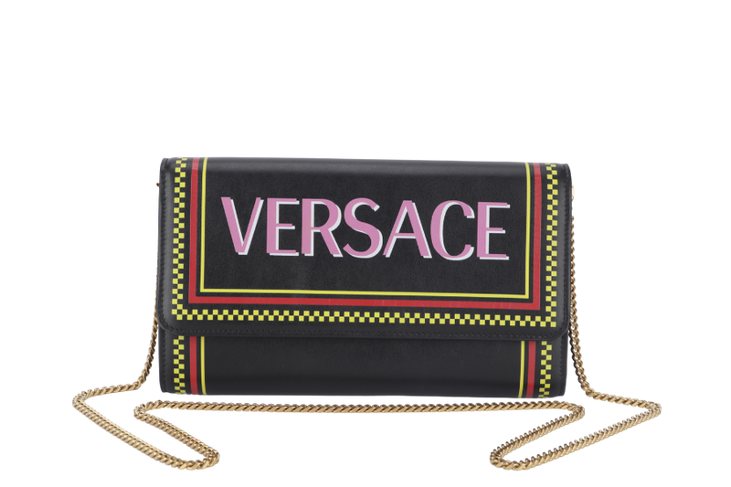 VERSACE VINTAGE BLACK LEATHER WALLET ON CHAIN GOLD HARDWARE (CLG553802474635) WITH STRAP