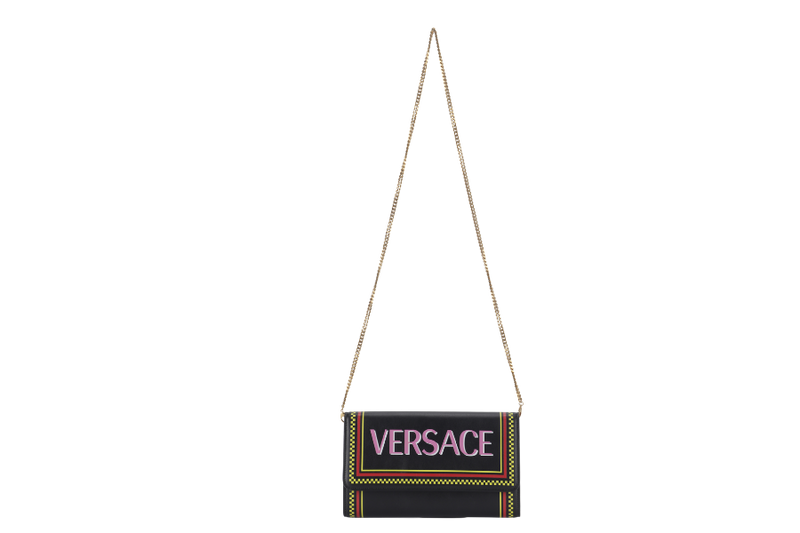 VERSACE VINTAGE BLACK LEATHER WALLET ON CHAIN GOLD HARDWARE (CLG553802474635) WITH STRAP