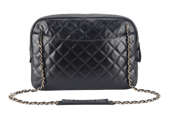 CHANEL VINTAGE CAMERA BAG (117xxxx) MEDIUM BLACK LAMBSKIN QUILTED GOLD HARDWARE NO DUST COVER