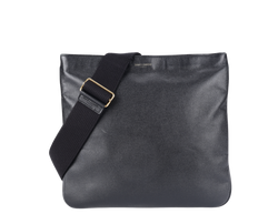 YVES SAINT LAURENT (YSL) FLAT MESSENGER BAG BLACK CALF LEATHER GOLD HARDWARE WITH CARD