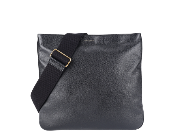 YVES SAINT LAURENT (YSL) FLAT MESSENGER BAG BLACK CALF LEATHER GOLD HARDWARE WITH CARD