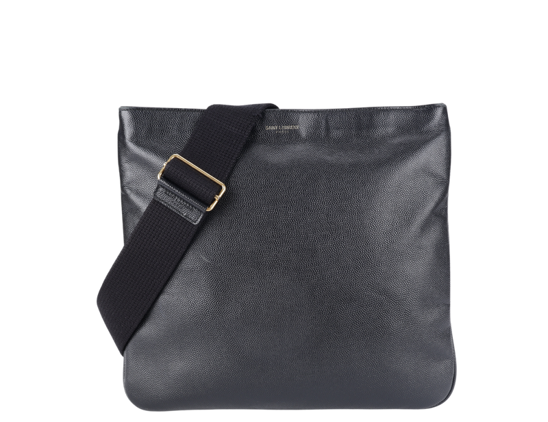 YVES SAINT LAURENT (YSL) FLAT MESSENGER BAG BLACK CALF LEATHER GOLD HARDWARE WITH CARD