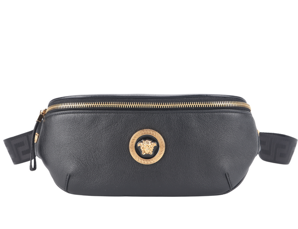 VERSACE MENDUSA BELT BAG BLACK CALF LEATHER GOLD HARDWARE WITH DUST COVER