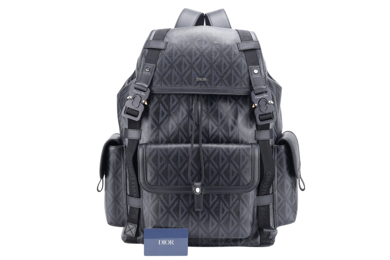 CHRISTIAN DIOR HIT THE ROAD DIAMOND BACKPACK (16-BO-0272) LARGE BLACK CANVAS BLACK HARDWARE WITH CARD