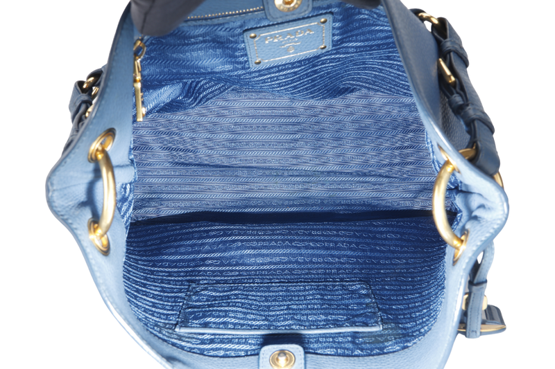 PRADA HOBO SHOULDER BAG MEDIUM BLUE CALF LEATHER GOLD HARDWARE WITH DUST COVER