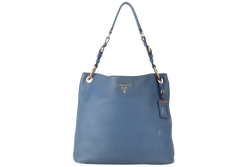 PRADA HOBO SHOULDER BAG MEDIUM BLUE CALF LEATHER GOLD HARDWARE WITH DUST COVER