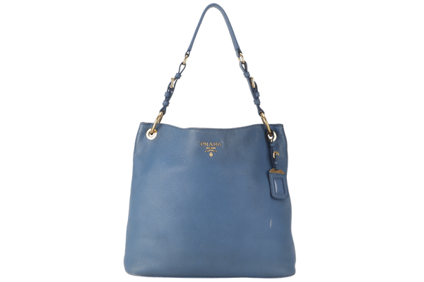 PRADA HOBO SHOULDER BAG MEDIUM BLUE CALF LEATHER GOLD HARDWARE WITH DUST COVER