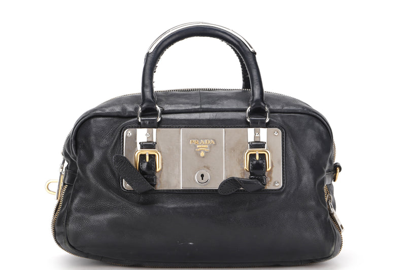 PRADA PLAQUE ZIPPERS BAULETTO BAG DARK BLUE GLACE CALF LEATHER SILVER MIX GOLD HARDWARE, WITH CARD, NO DUST COVER
