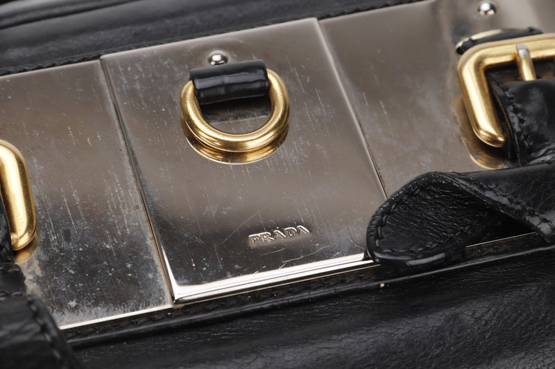 PRADA PLAQUE ZIPPERS BAULETTO BAG DARK BLUE GLACE CALF LEATHER SILVER MIX GOLD HARDWARE, WITH CARD, NO DUST COVER