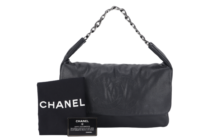 CHANEL VINTAGE CC MEDIUM BLACK CAVIAR LEATHER SILVER HARDWARE (1304xxxx) WITH DUST COVER AND CARD