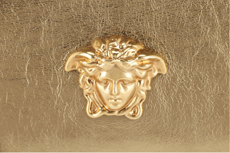 VERSACE VITELLO PALAZZO MEDUSA (CLG067031630202) METALLIC GOLD LEATHER CLUTCH GOLD HARDWARE WITH STRAP