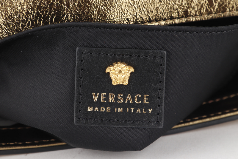 VERSACE VITELLO PALAZZO MEDUSA (CLG067031630202) METALLIC GOLD LEATHER CLUTCH GOLD HARDWARE WITH STRAP