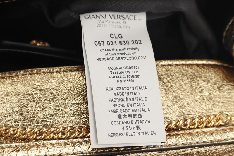 VERSACE VITELLO PALAZZO MEDUSA (CLG067031630202) METALLIC GOLD LEATHER CLUTCH GOLD HARDWARE WITH STRAP