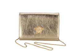 VERSACE VITELLO PALAZZO MEDUSA (CLG067031630202) METALLIC GOLD LEATHER CLUTCH GOLD HARDWARE WITH STRAP