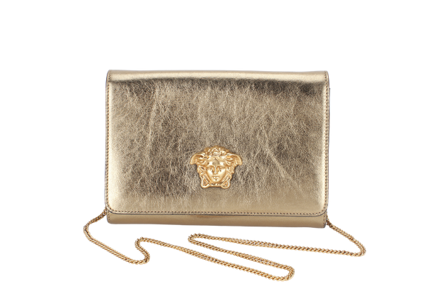 VERSACE VITELLO PALAZZO MEDUSA (CLG067031630202) METALLIC GOLD LEATHER CLUTCH GOLD HARDWARE WITH STRAP