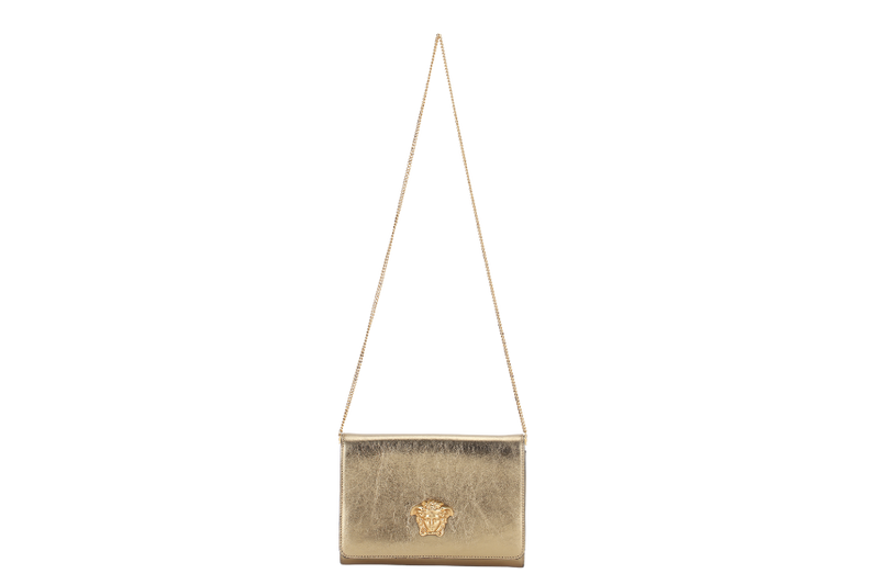 VERSACE VITELLO PALAZZO MEDUSA (CLG067031630202) METALLIC GOLD LEATHER CLUTCH GOLD HARDWARE WITH STRAP