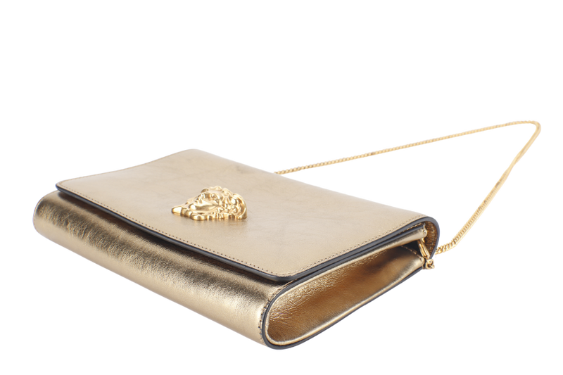 VERSACE VITELLO PALAZZO MEDUSA (CLG067031630202) METALLIC GOLD LEATHER CLUTCH GOLD HARDWARE WITH STRAP