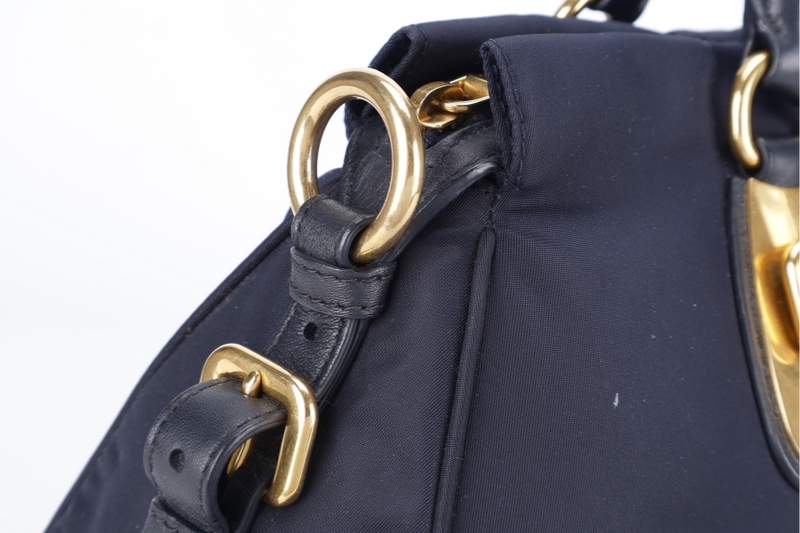 PRADA BN1903 TESSUTO MEDIUM NAVY NYLON 2WAYS BAG GOLD HARDWARE WITH STRAPS NO DUST COVER