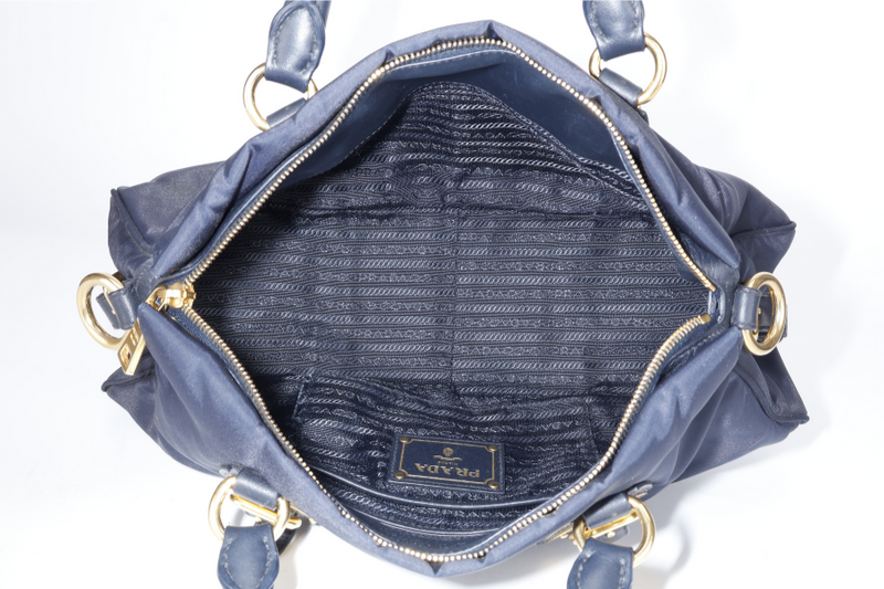 PRADA BN1903 TESSUTO MEDIUM NAVY NYLON 2WAYS BAG GOLD HARDWARE WITH STRAPS NO DUST COVER