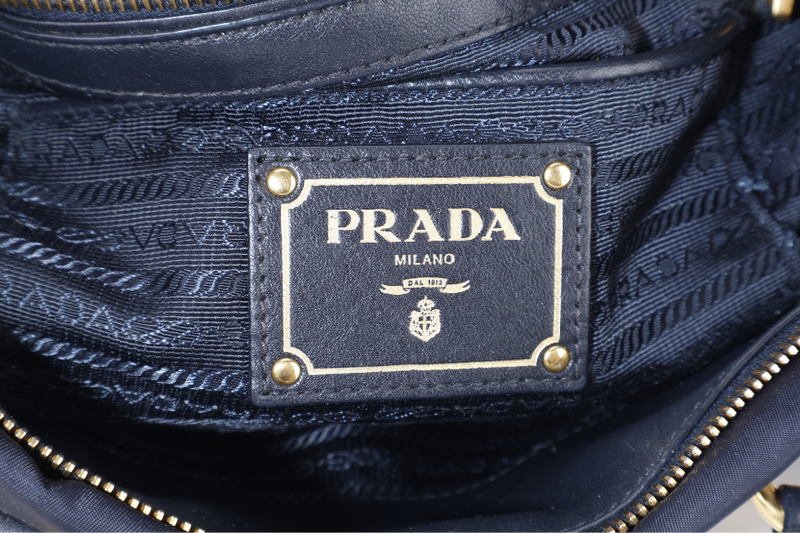 PRADA BN1903 TESSUTO MEDIUM NAVY NYLON 2WAYS BAG GOLD HARDWARE WITH STRAPS NO DUST COVER