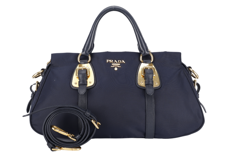 PRADA BN1903 TESSUTO MEDIUM NAVY NYLON 2WAYS BAG GOLD HARDWARE WITH STRAPS NO DUST COVER