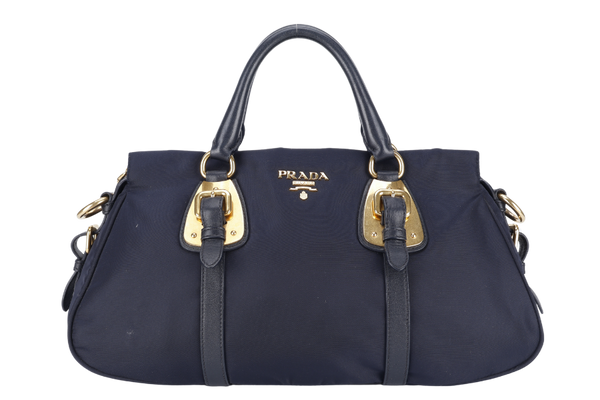 PRADA BN1903 TESSUTO MEDIUM NAVY NYLON 2WAYS BAG GOLD HARDWARE WITH STRAPS NO DUST COVER